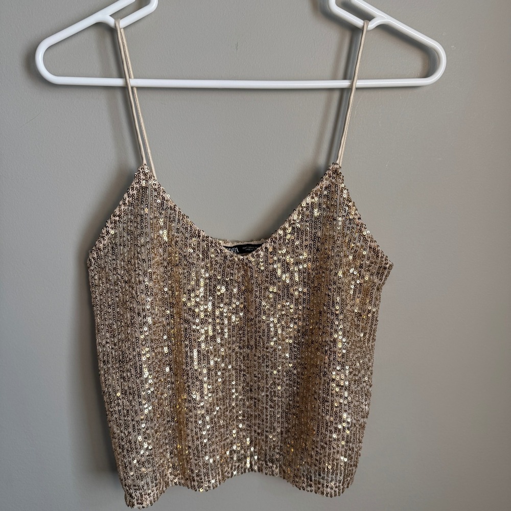 ZARA Sequin Camisole V-Neck‎ Spaghetti Strap Party Top Gold Womens Size Small